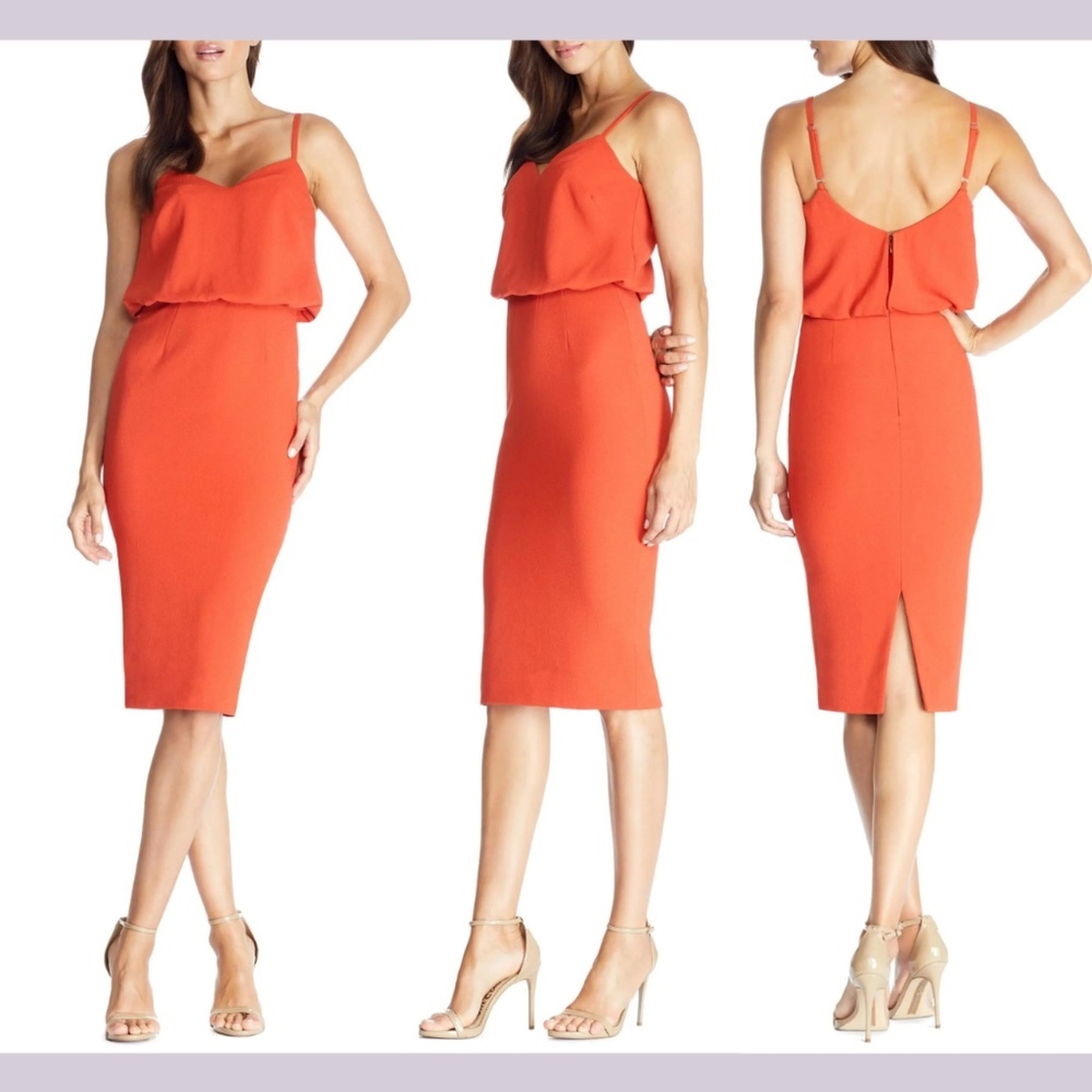 NWT Dress the Population‎ [ XXS ] Alondra Blouson Sheath Dress Poppy Orange